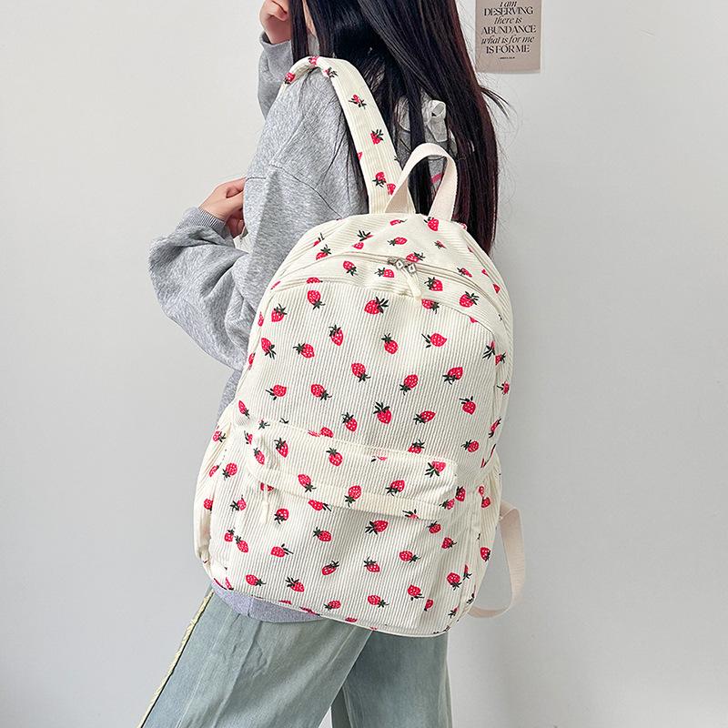 Schoolbag Hot-selling Strawberry Corduroy Backpack Female Junior High School High School Student Casual School Bag Large Capacity Female Backpack