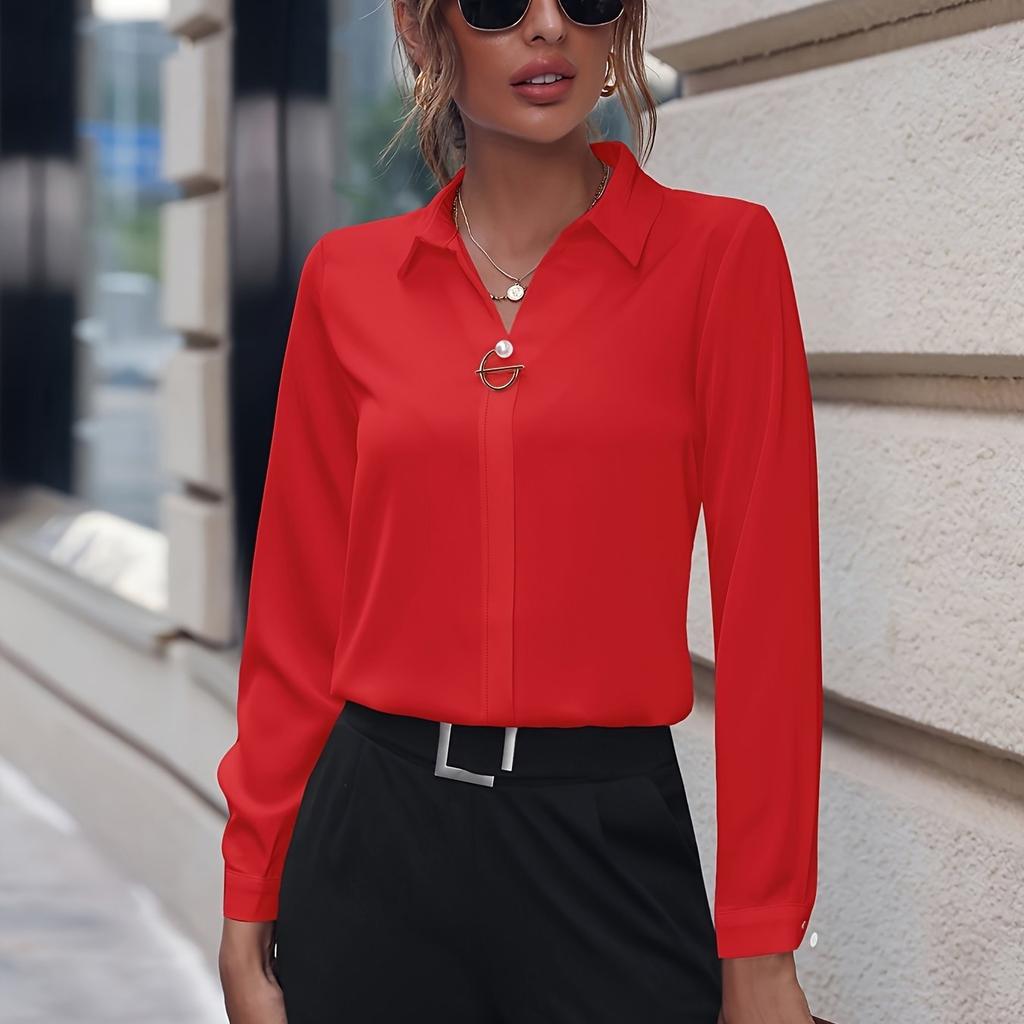 Dámská košile s klopami s dlouhým rukávem, tenká na jaro a podzim, zdobená umělými perlami, standardního střihu, jednoduchá lehká halenka