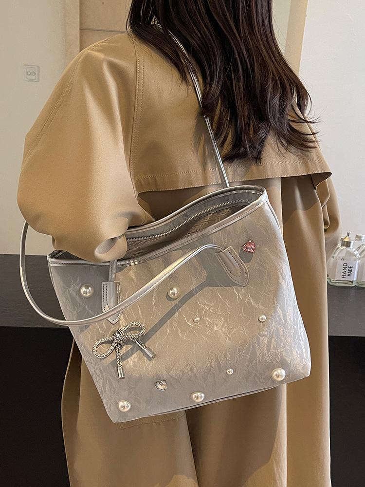 Pu Leather Large Capacity Women's Handbags Sweet Bow Pearl Decorati Ladies Shoulder Bag Portable Solid Color Female Tote Bag