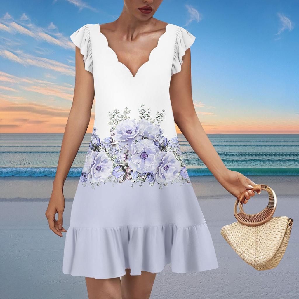 Women's Fashion Casual V Neck Wavy Edge Print Short Sleeve Dress