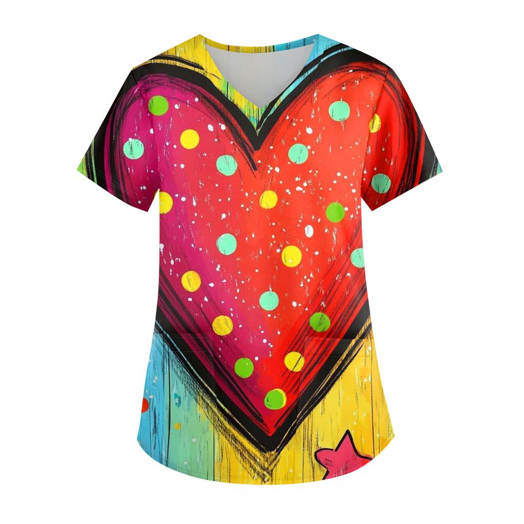 Ladies' Valentine's Day Printed Fashionable V-neck Pocket Short Sleeved  Uniform And Caregiver Top