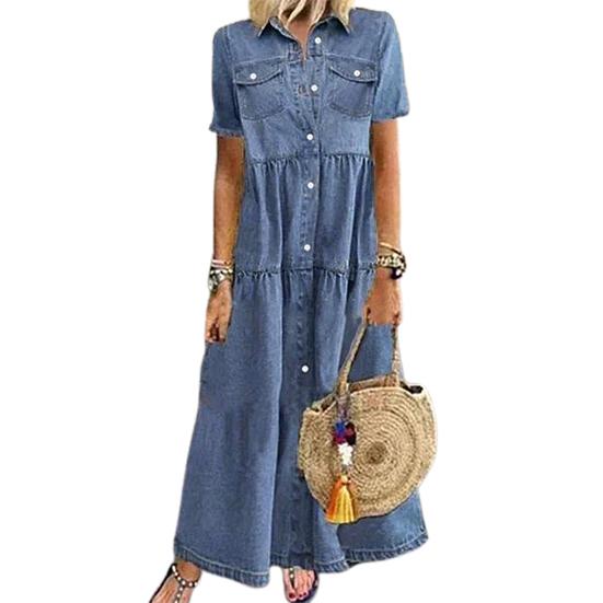 Women Denim Dress Short Sleeve Single-breasted Turn Down Collar Pockets Loose Maxi