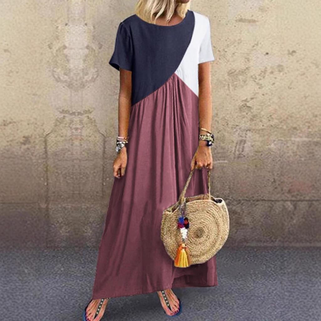 2023 Geometric Color Block Patchwork Long Summer Beach Dress