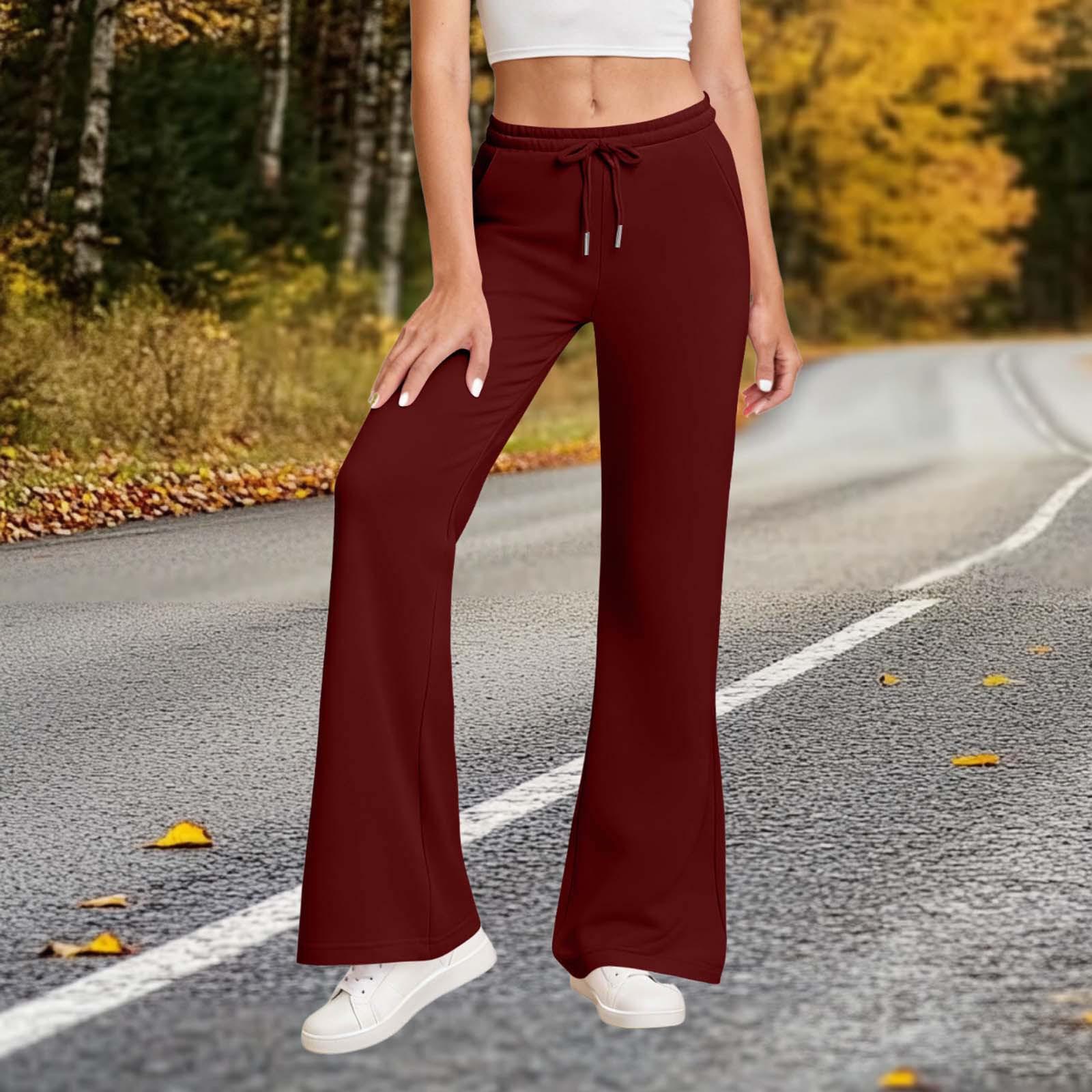 

Women s Fashion Solid-Color Elastic Waistband Pocket Drawstring Flared Sweatpants XL винний