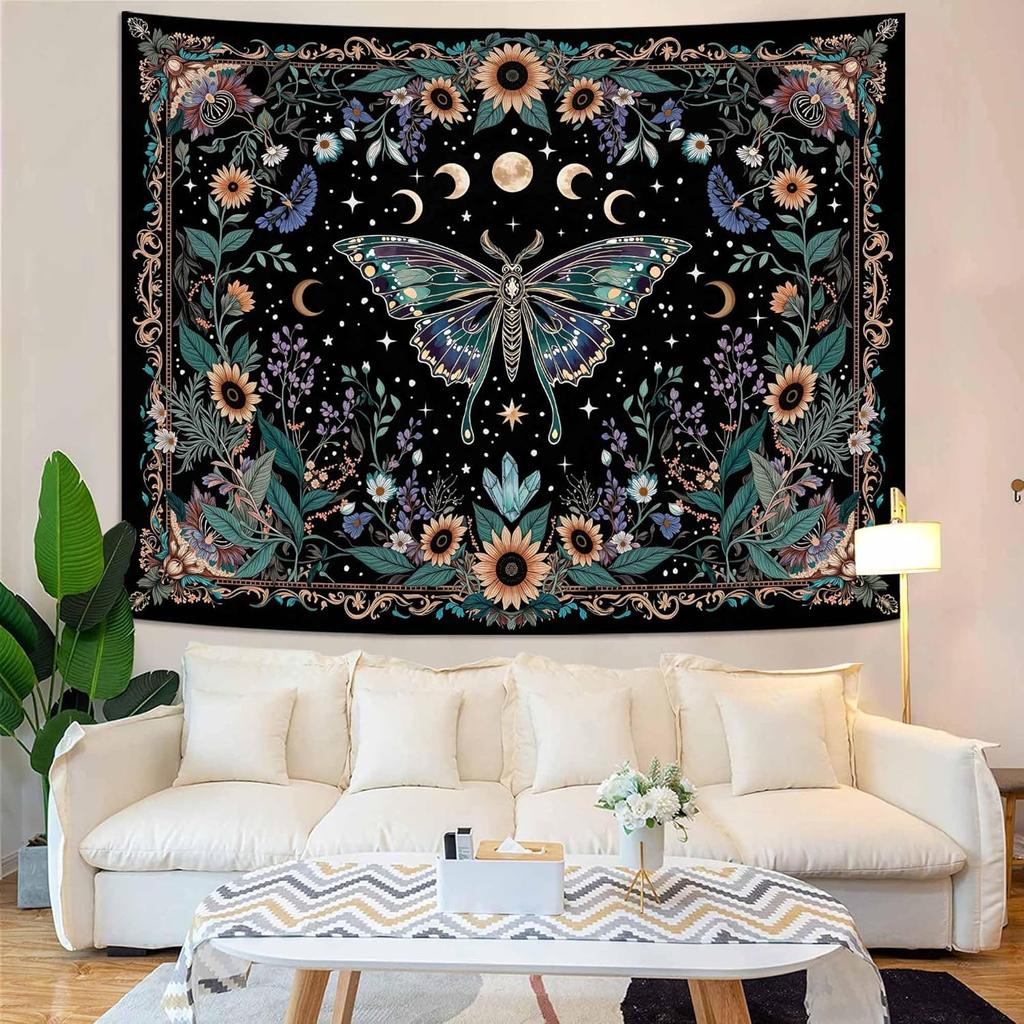 Faxdong Boho Green Butterfly Tapestry, Aesthetic Triple Moon and Sunflowers Crystal Tapestries, Moth Mystic Decor for Bedroom Living Room