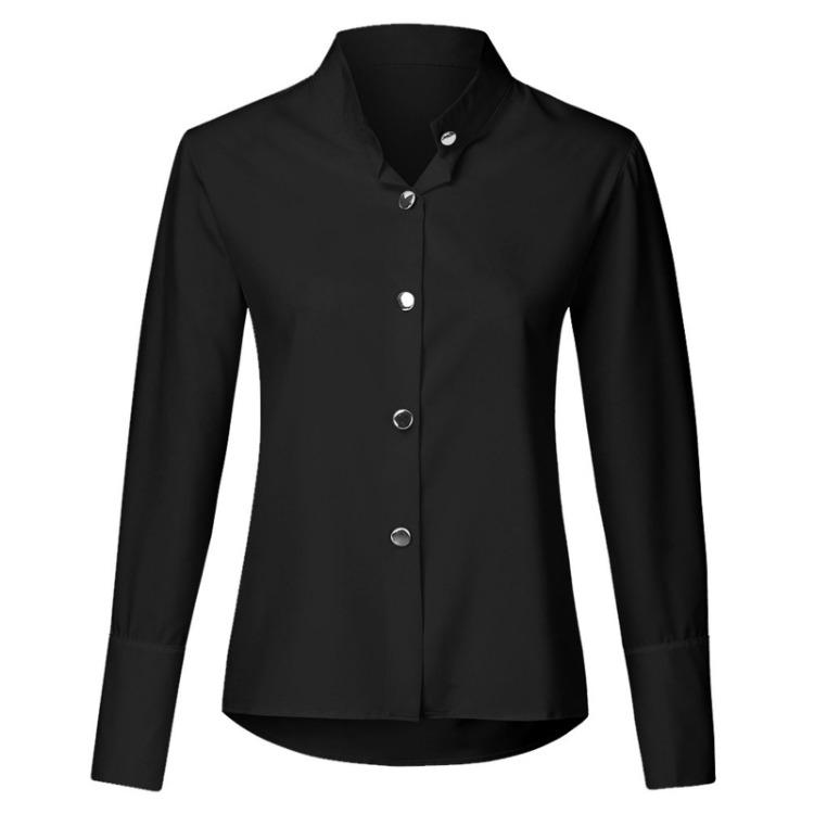 Women's Fashion Solid Color Band Collar Slim Loose Long Sleeve Shirts Tops
