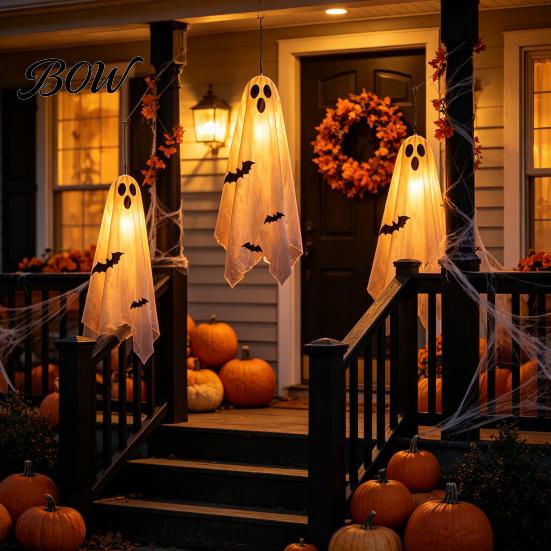 Halloween Hanging Ghost Decorations Scary Decor, Spooky Bat Print Decor for Porch Floating Tree Decoration Tree, Glow-in-the-Dark Outdoor Front