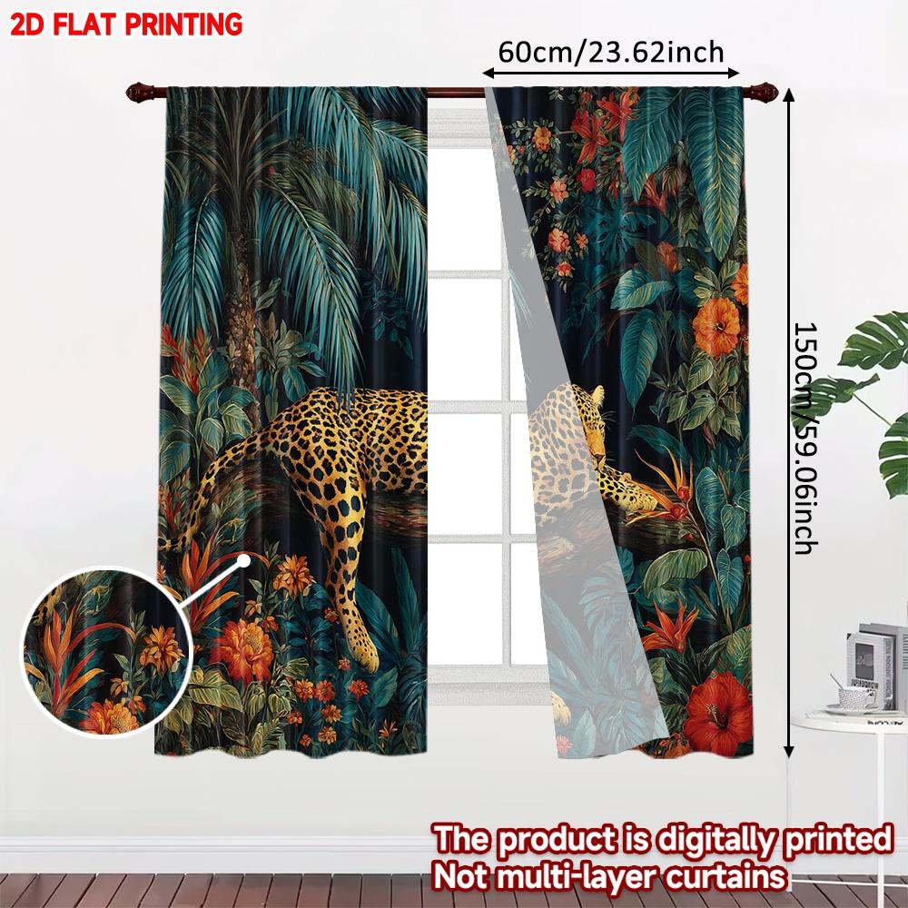 Set Of 2 Leopard Tree Curtains Digital Printing Realistic Animal Lush Green Jungle Flowers Single Layer Decor Modern Made Polyester