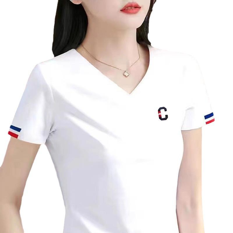 Women's 2025 Summer V-Neck Cotton White Short-Sleeve T-Shirt - High-End, Stylish, Hot-Selling Top