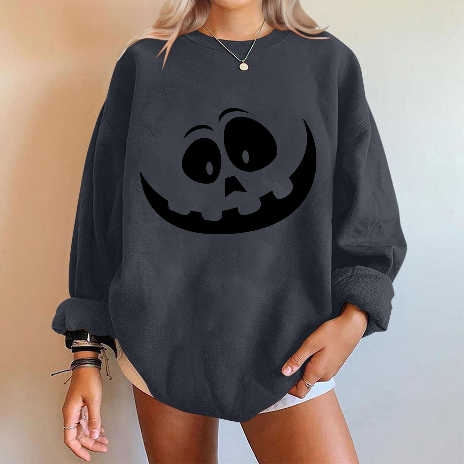 

Жіночі повсякденні модні світшоти з принтом на Хеллоуїн, з довгим рукавом і круглим вирізом, пуловер L сірий колір