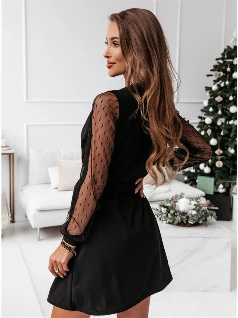 V Neck Lace Long Sleeve Women  Dresses High Waist Splicing Dress Girl Cocktail Evening Dresses
