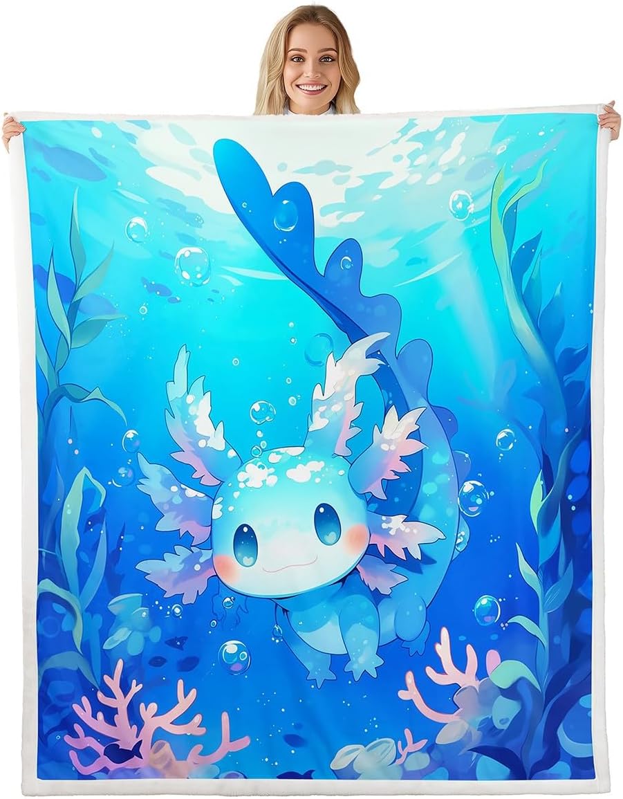 Cute Pink Axolotl Blanket Soft Fleece Throw Cherry Blossom Design Fantasy Art Kids Room Decor 75x90cm