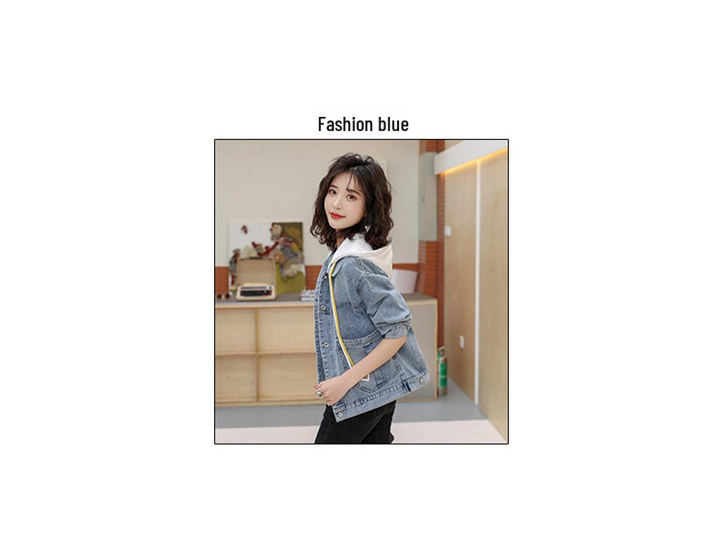 Trendy Women's Spliced Denim Jacket - Spring/Autumn 2025 Korean Loose Fit Short Hooded Style