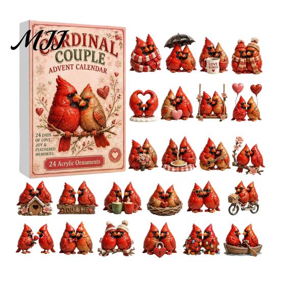 Bird Themed Hanging Ornaments Acrylic Christmas Advent Calendar Box with 24 Ornaments, Desktop Display Festive Countdown Decoration for Home