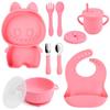 Baby Silicone Dinnerware Set: Silicone Bowl, Cartoon Plate, Bib, Divided Stainless Steel Spoon, Fork, Cup.