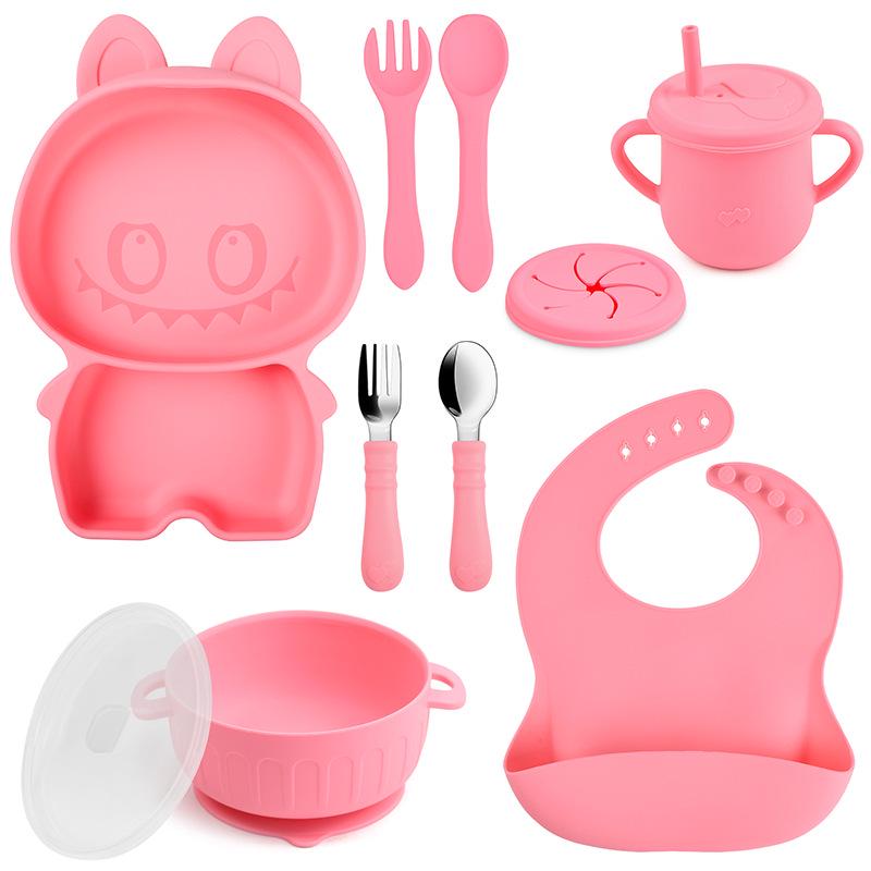 Baby Silicone Dinnerware Set: Silicone Bowl, Cartoon Plate, Bib, Divided Stainless Steel Spoon, Fork, Cup.