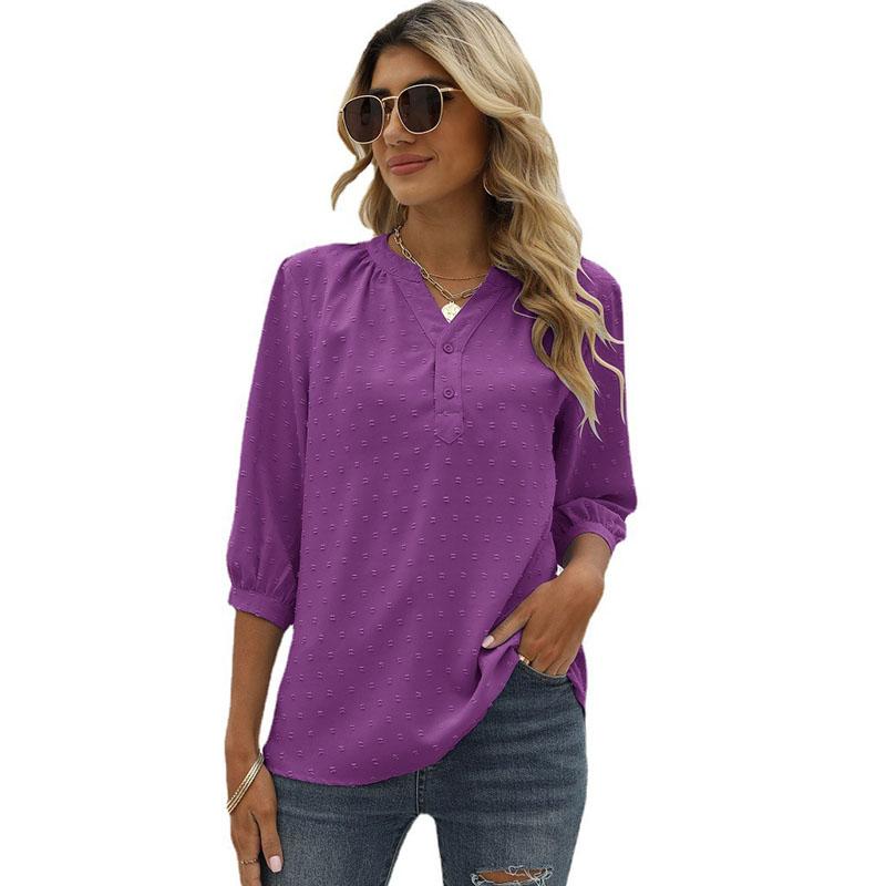 Spring and Summer Women's T-shirt Stand-up Collar Mid-sleeve Shirt Jacquard Hairball Casual Blouse Loose Top Shirt