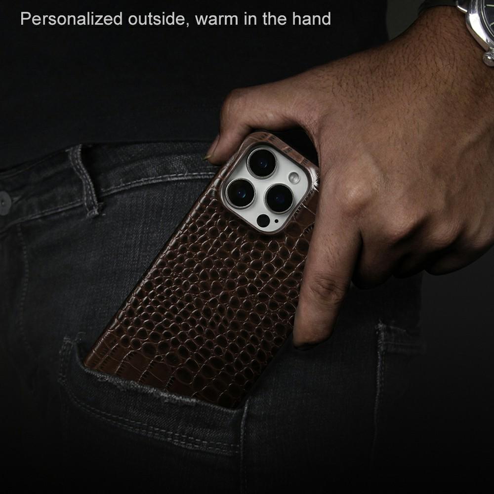 For iPhone 16 Pro Case Crocodile Texture Genuine Cow Leather Coated PC Phone Cover