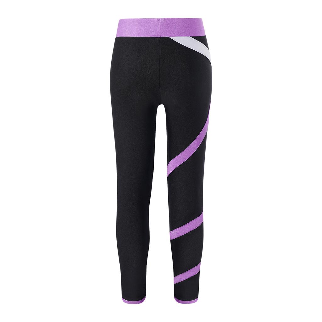 Girls Ice Skating Sport Pants: Colorblock Close-fitting Stretchy Leggings for Figure Skating Practice & Performance