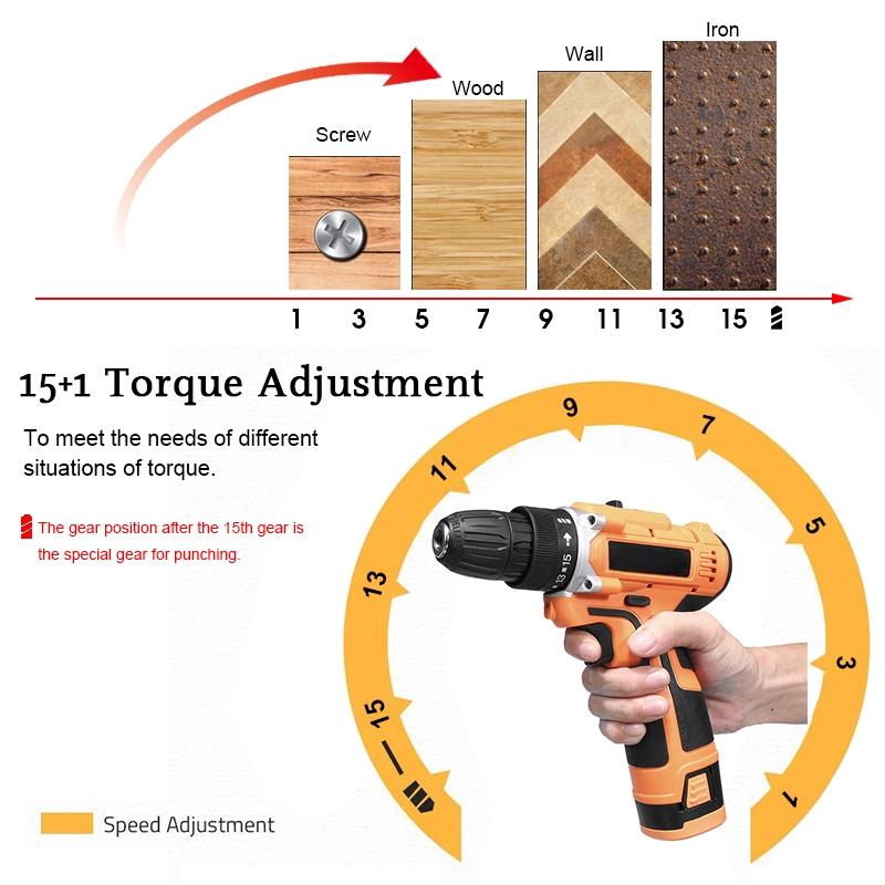 Electric Drill Dual Speed 16.8V Lithium Cordless Drill Multi-function Electric Screwdriver Power Tool 2 Li-ion Battery