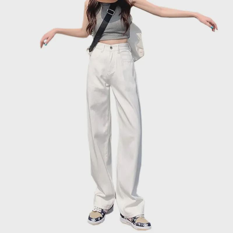 Dámské bílé džíny hruškovitého tvaru s vysokým pasem a širokými nohavicemi – ideální na jaro, léto a podzim