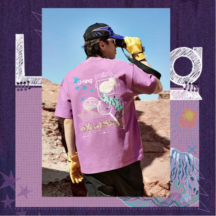 Li-Ning Letter Print Crew Neck Loose Short Sleeve T-Shirt Unisex Tops Black AHSU255-3