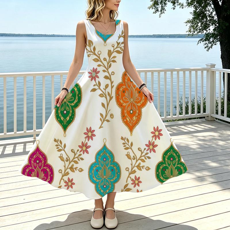 Women's Minimalist Floral Sleeveless Flowy Beach Maxi Dress,Lightweight Elegant Long Dress for Vacation & Daily Wear