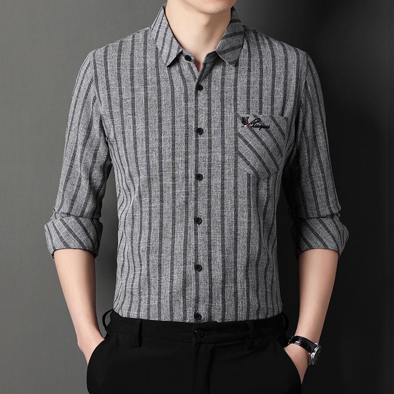 

Весенне-осенняя молодежная модная модная мужская одежда, полосатая рубашка с лацканами, тонкая свободная рубашка с длинным рукавом XL