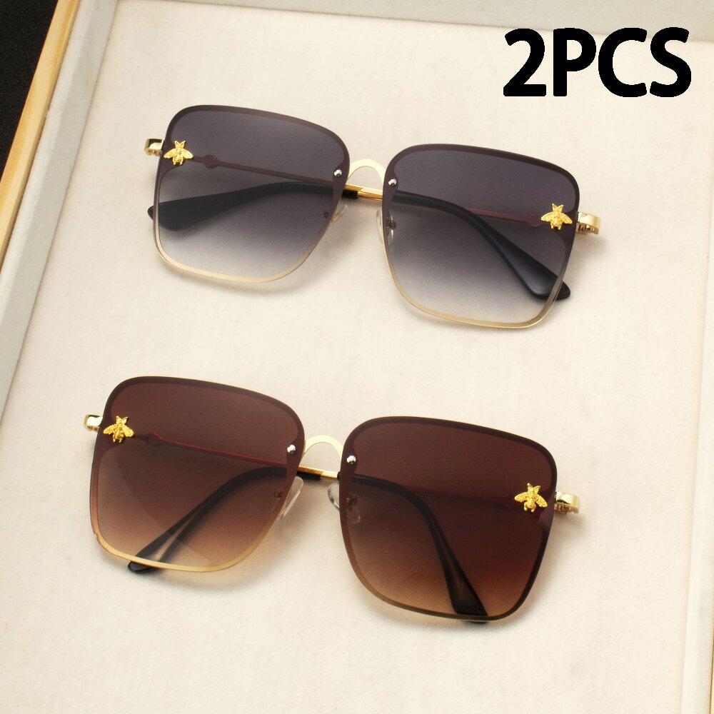 

2PCS New Fashion Lady Oversize Rimless Square Bee Sunglasses Women Men Small Glasses Gradient Sun Glasses Female UV400