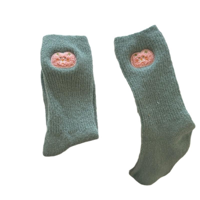 Thickened Wool Socks for Winter Warmth, Cute Cartoon Embroidered Mid-calf Socks, School-style Women's Socks, Dui Dui Socks