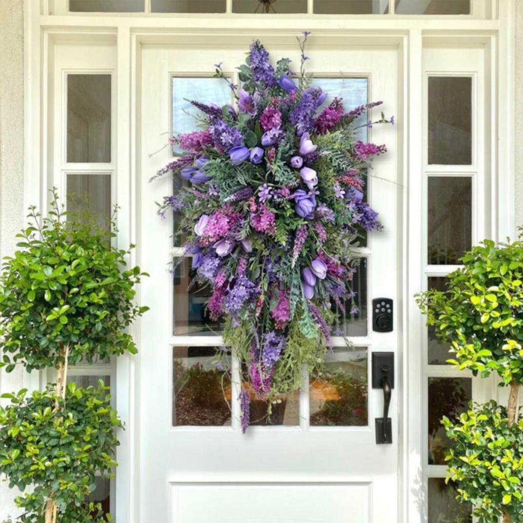 Lavender Tulips Teardrop Wreath Rustic Front Door Swag For Spring Spring Wreaths For Front Door