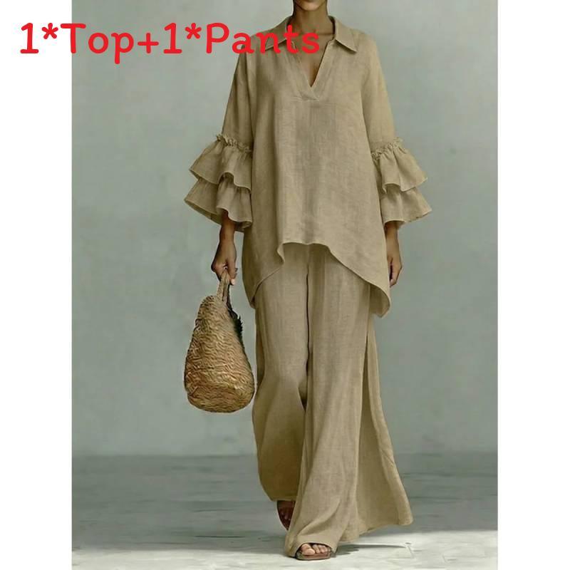 Bohemian Style Casual Twopiece Pants Suit With Spliced Cotton Linen For Women Summer Comfort
