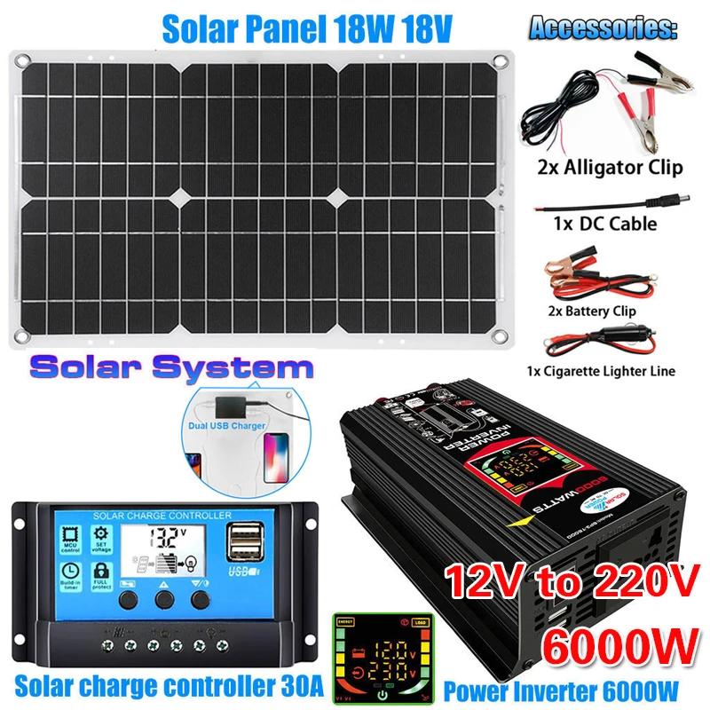 5000W Solar Panel Kit Modified Sine Wave 12V To 220V Solar Power System 18V Solar Panel+30A Charge Controlle Power Generation