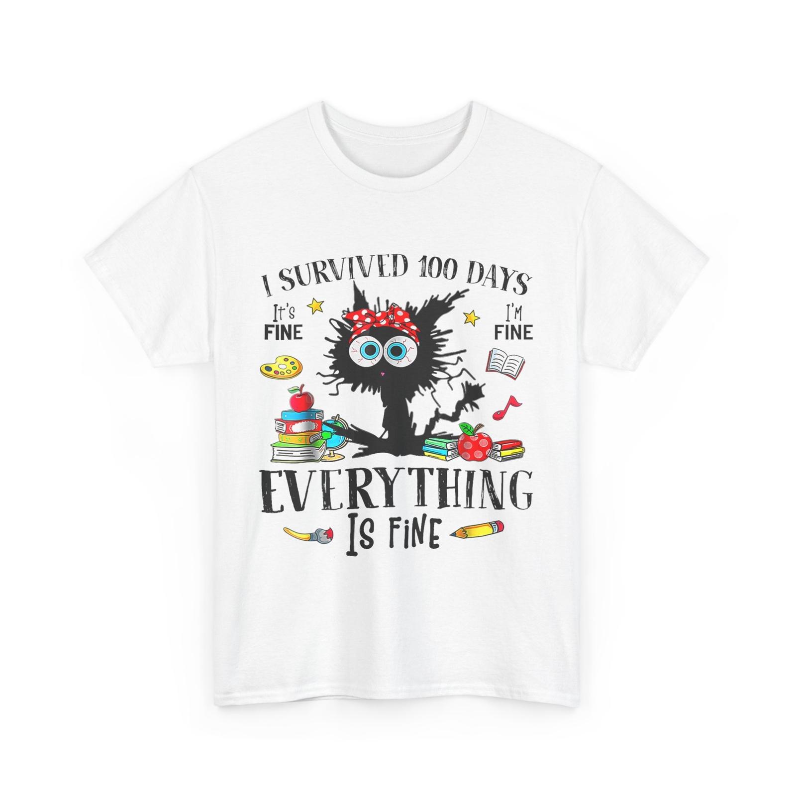 I Survived 100 Days Of School Teacher & Funny Cat T-Shirt Mens Womens Tees Top M