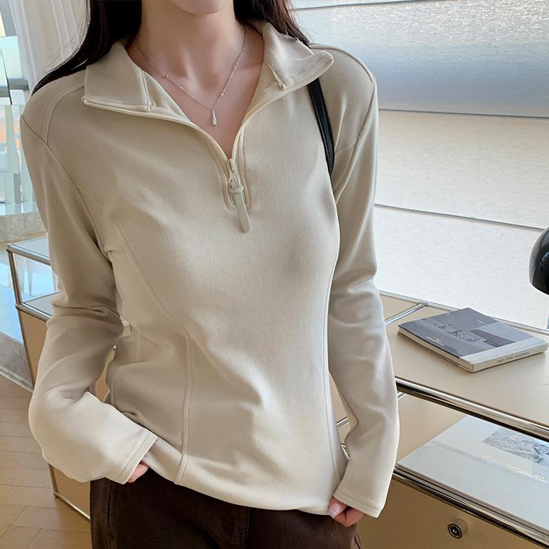 

Korean Plush Velvet Long-Sleeve Half-Zip Stand Collar Women s T-Shirt – Soft & Fluffy, 2026 Spring Arrival Medium бежевий