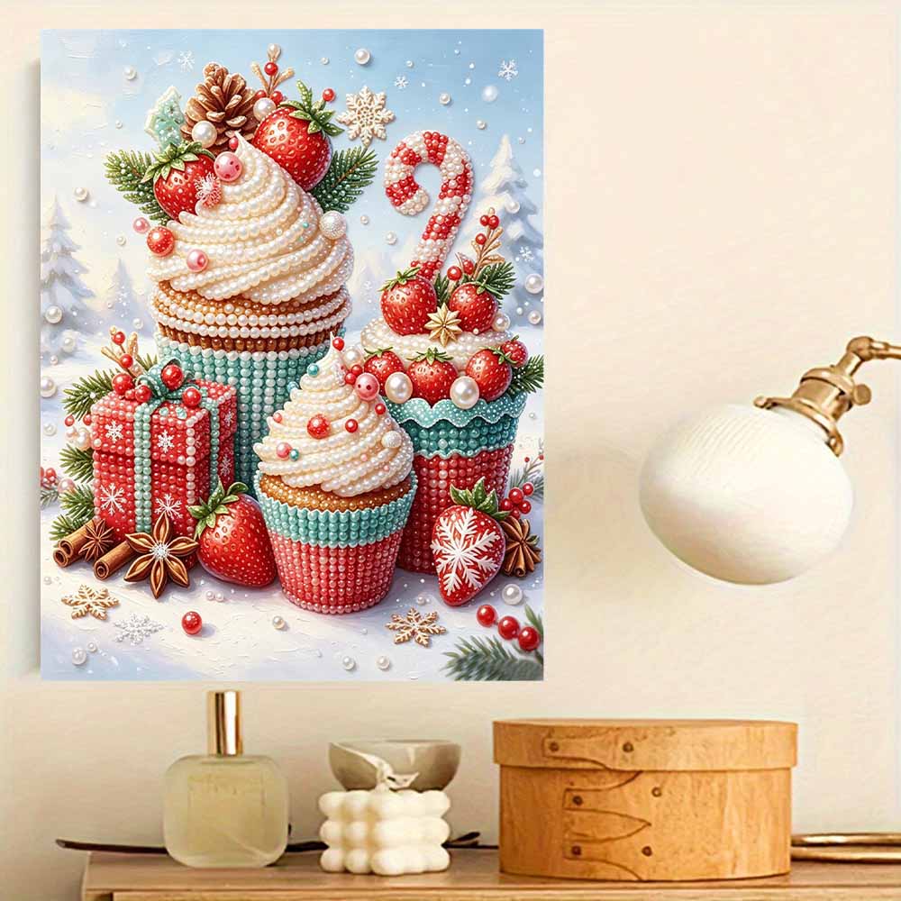 Weihnachts-Erdbeer-Cupcake Perlenmalerei-Set Festliche Winterfeiertage DIY Funkelndes Perlenleinwand Ästhetische Wanddekoration für Zuhause Kunstdekoration