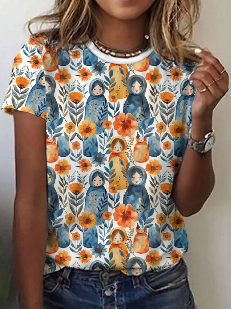 

3D printed matryoshka doll pattern T-shirt, women s round neck short-sleeved T-shirt, Harajuku style top XXS