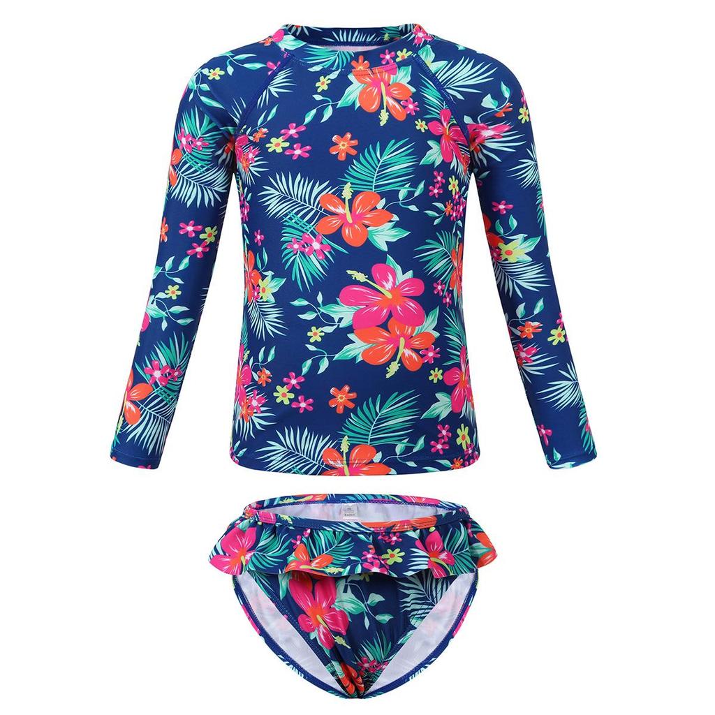 Tropical Plant Print Girls' Long-Sleeved Swimsuit Set with Ruffle Bottoms - Quick-Dry & Sun Protection