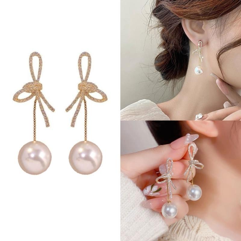 Delicate Bowknot Drop Earrings Fashion Long Tassels Sweet Pearl Earrings Crystal Bows Ear Pendant for Women Jewelry Gift
