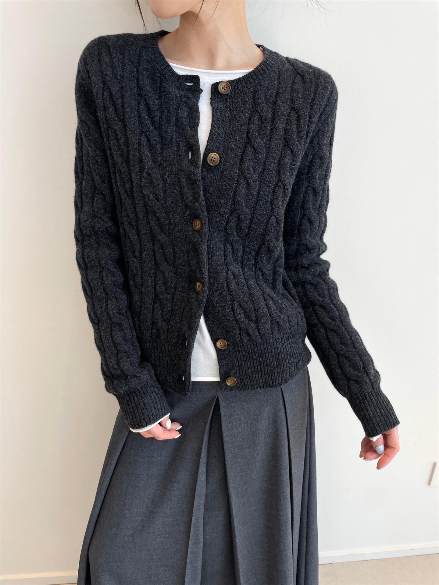 

Кардиган 18S из 100% австралийской шерсти в стиле ретро, с круглым вырезом и кабельным узором, для осени/зимы Large