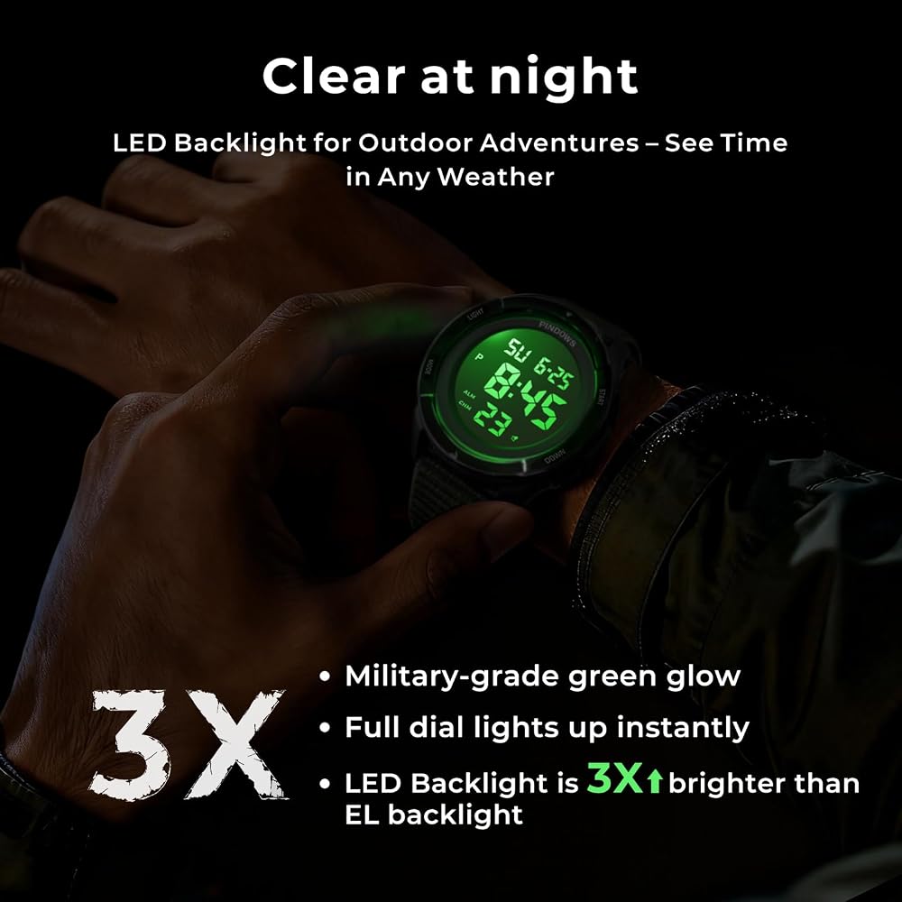 PINDOWS Men's Digital Sports Watch 50M Waterproof Velcro Strap Work Watch