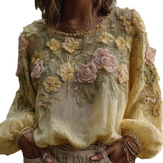 Women Tops Round Neck Long Sleeve Loose Fit Tee Shirt 3D Flower Printing Faux Pearls Decor Pullover Tops Casual Office Wear