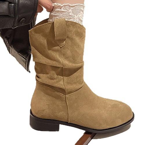 Retro Thick-heeled Short Boots Women's 2025 Autumn New V-mouth Knight Boots Pleated Stacking Boots Western Cowboy Martin Boots