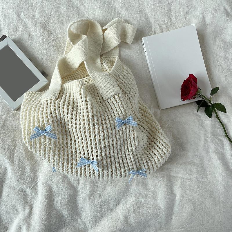 Yogodlns Women's Bow Design Shoulder Bag Raffia Aesthetics Crochet Handbag Purses Knitted Shopping Bag Summer Beach Bag