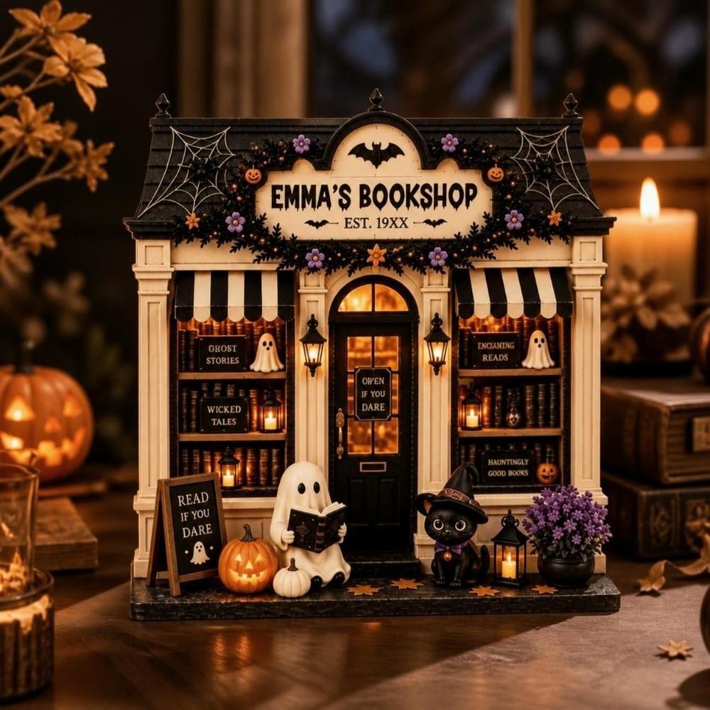 Wooden Halloween Ornaments Pumpkin Reading Theme Sign Haunted House Village Ornament Farmhouse