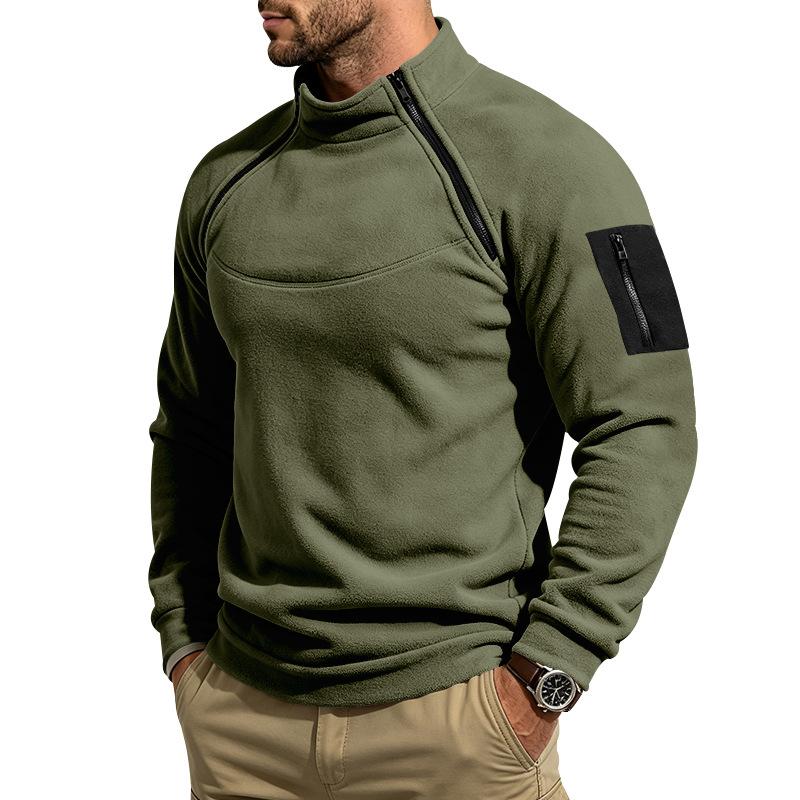 Men Fleece Casual Sweatshirt Half High Collar Long Sleeve Pullover Tops Arm Zipper Pocket Trend Loose Warm Outdoor Sport Men's Hoodie