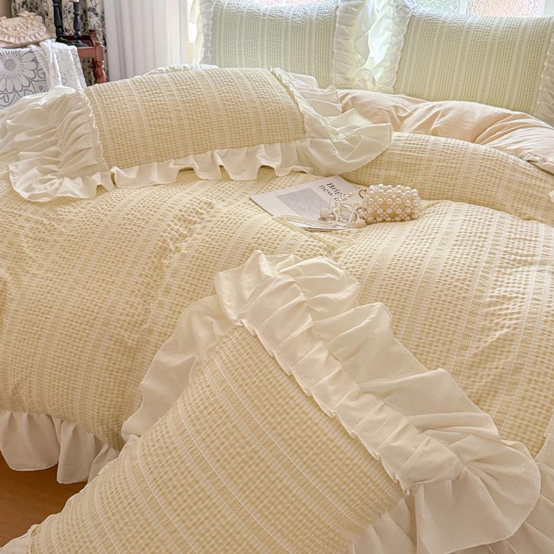 Roze Koreaanse Prinsessenstijl Kant Ruches Beddengoed Set Huidvriendelijk Seersucker Dekbedovertrek Set Hoeslaken/Laken Kussenslopen Fitted Bed Sheet&Queen size 4 pcs geel