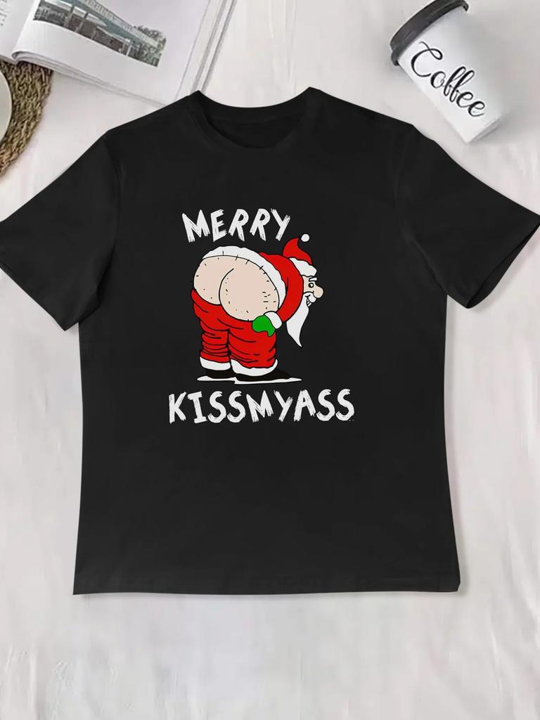 Men's Merry Christmas funny Santa Claus print soft comfortable breathable street hip hop daily short sleeve round neck