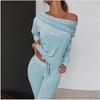Ladies Sweatshirt Pants 2-piece Set Asymmetrical Strapless Velvet Sportswear Casual Wear Autumn and Winter S-5XL