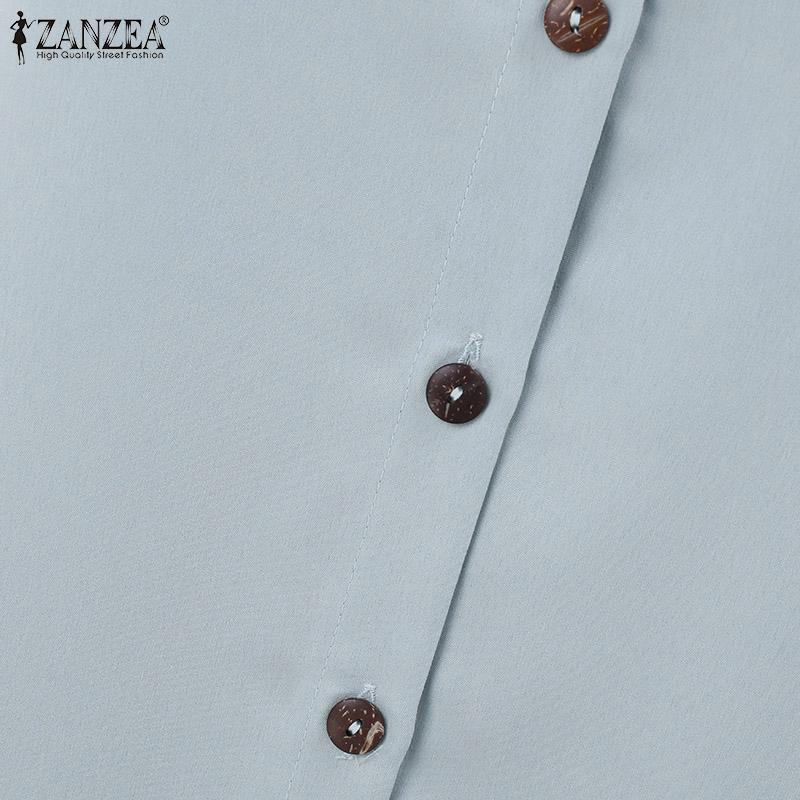 ZANZEA Women's V-neck 3/4 Sleeves Buttoned Pleated Solid Color Loose Dress